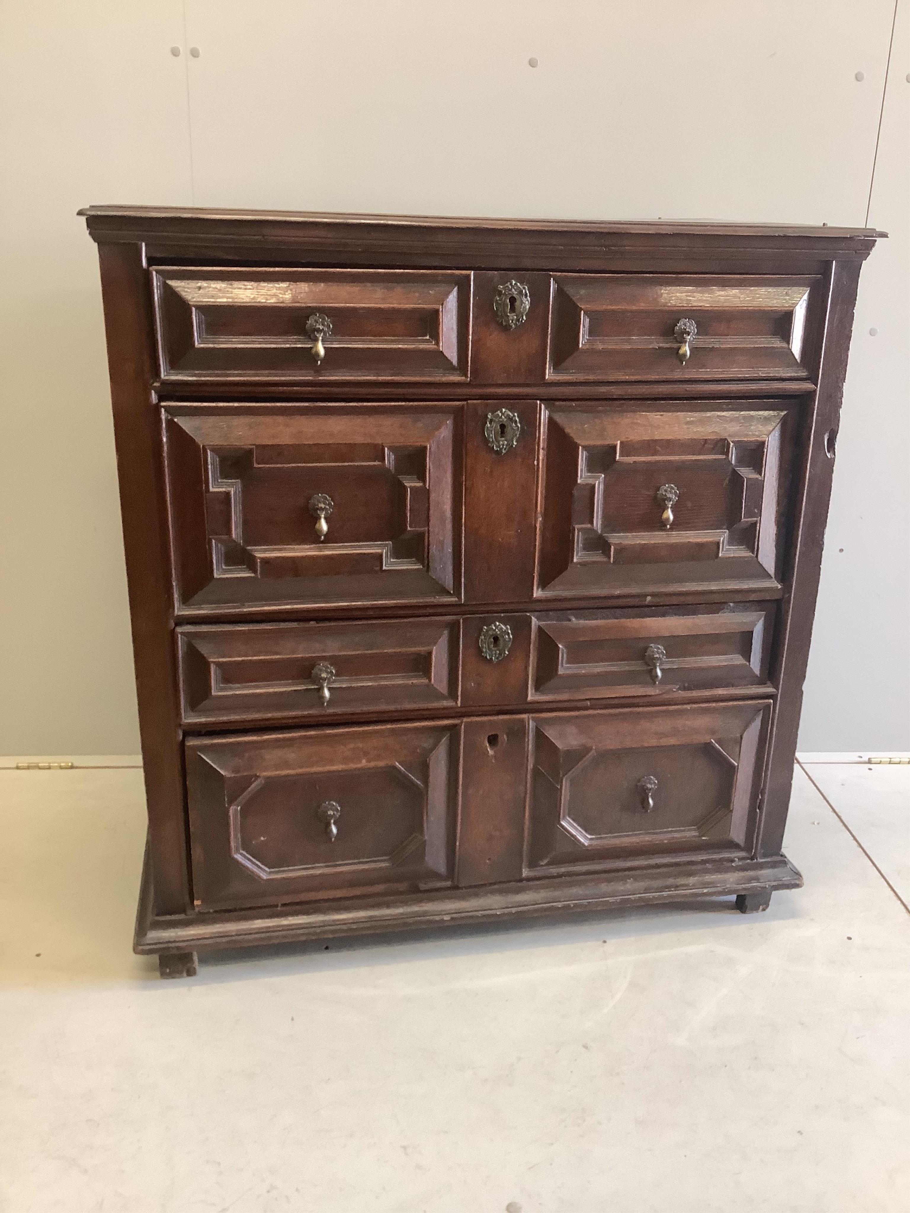 A late 17th century oak chest of drawers (one plank loose on top), width 103cm, depth 56cm, height 108cm